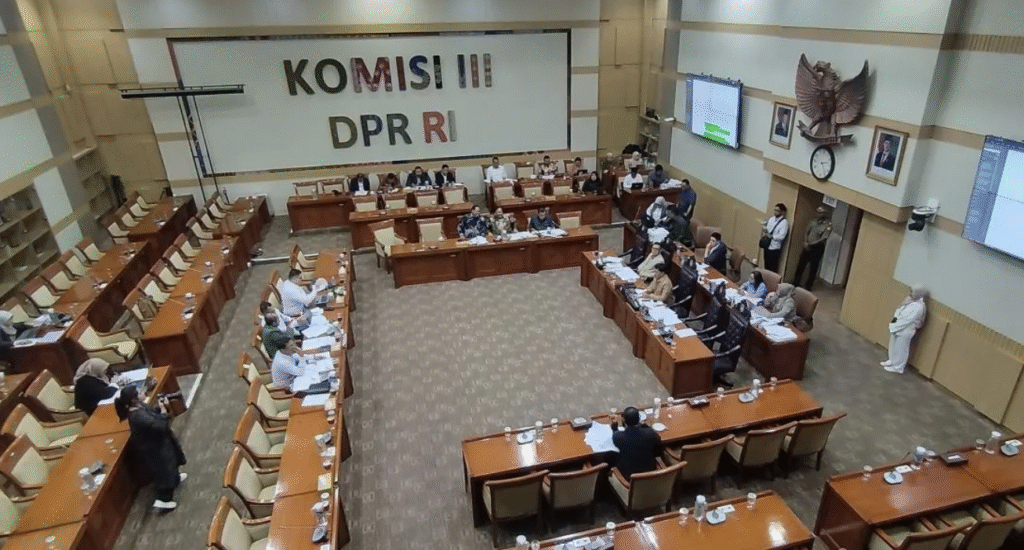 Ketua Komisi III DPR RI Habiburokhman memimpin rapat Panja RUU KUHAP di kompleks parlemen.