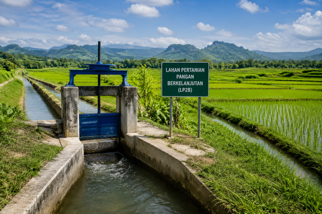 Ilustrasi jaringan irigasi di kawasan pertanian yang menjadi penopang produktivitas sawah dan keberlanjutan pangan Indonesia. Dok: Istimewa.