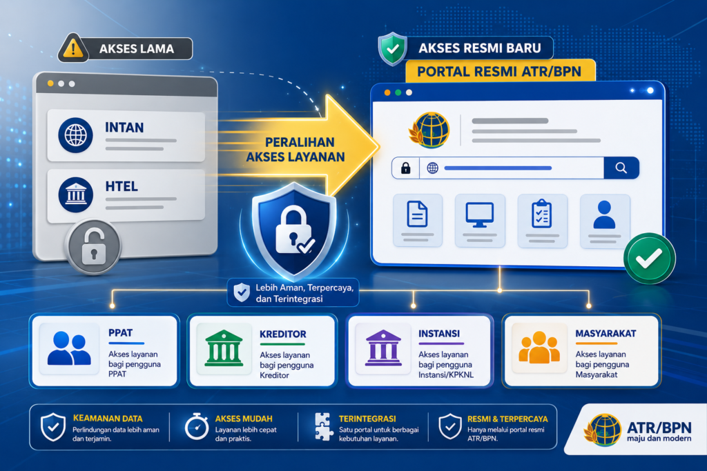 Gambar ilustrasi peralihan akses layanan INTAN dan HTEL ke portal resmi ATR/BPN untuk mendukung keamanan data serta kemudahan akses layanan pertanahan digital. Dok: Istimewa.
