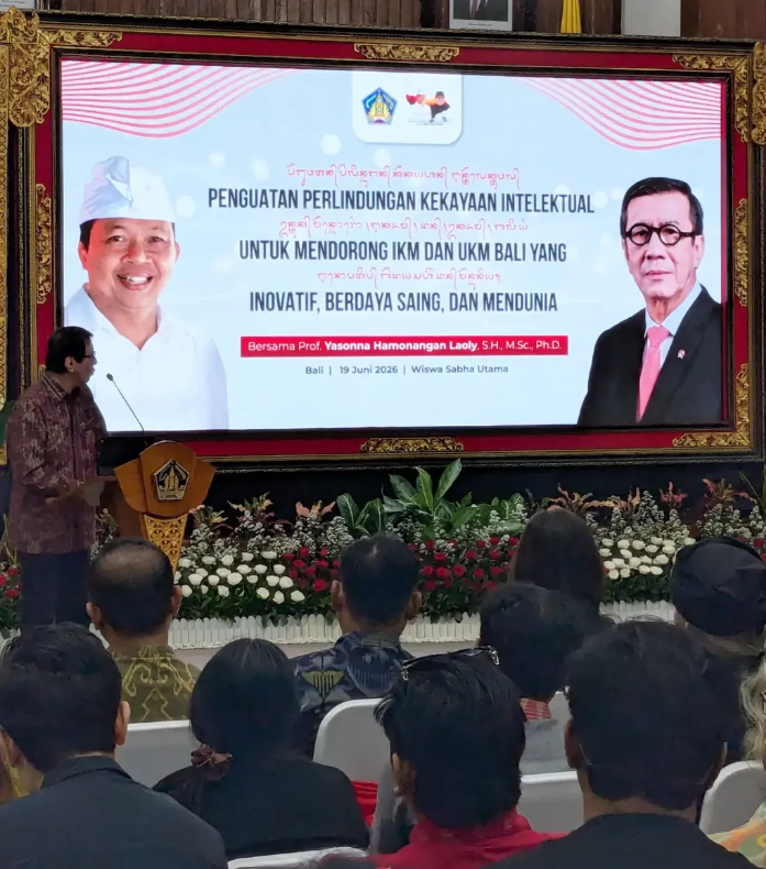 Prof. Dr. Yasonna Hamonangan Laoly, S.H., M.Sc., Ph.D., menghadiri kegiatan Penguatan Perlindungan Kekayaan Intelektual bagi IKM dan UMKM Bali. Dok: Istimewa.