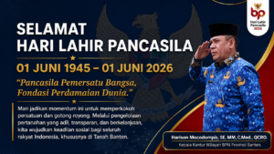 Kepala Kantor Wilayah BPN Provinsi Banten, Harison Mocodompis, mengajak masyarakat menjadikan Hari Lahir Pancasila 2026 sebagai momentum memperkuat persatuan serta mewujudkan tata kelola pertanahan yang berkeadilan demi kesejahteraan rakyat. Dok: Istimewa.