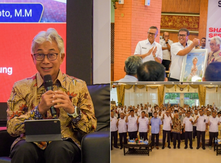 Prof. Dwi Soetjipto memberikan paparan mengenai strategi kepemimpinan berkelanjutan dalam rangkaian HUT ke-68 Pengambilalihan PT Semen Padang. Dok: Istimewa.