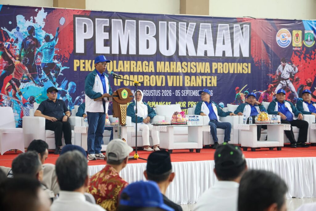 Gubernur Banten Andra Soni membuka Pekan Olahraga Mahasiswa Provinsi (POMPROV) VIII Banten 2026 di Islamic Center Cilegon. Dok: Istimewa.