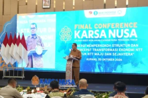 Gubernur NTT Melki Laka Lena saat memberikan sambutan pada Final Conference KARSA NUSA 2026 di Hotel Aston Kupang, Selasa (20/10/2026). Foto: Biro Adpim Setda Provinsi NTT.